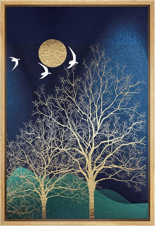 SIGNFORD Framed Canvas Print Wall Art White Birds Fly Over Golden Trees Abstract Wilderness Illustrations Modern Art Contemporary Scenic for Living Room, Bedroom, Office - 16"x24" Natural