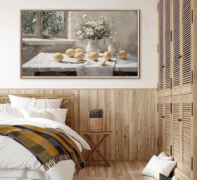XXOUYLQ Vintage Kitchen Wall Art Yellow Lemon Still Life Pictures Daisy oil Painting Poster Rustic Farmhouse Artwork Posters White vase Canvas Bedroom Bathroom Wall Decor Kitchen Prints frame 16x32in