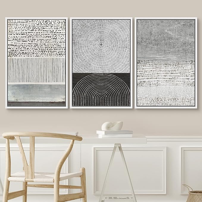 SIGNWIN Framed Canvas Print Wall Art Set Industrial Black & Gray Collage Abstract Geometric Illustrations Minimalism Modern Art Decorative Boho for Living Room, Bedroom, Office - 24"x36"x3 White