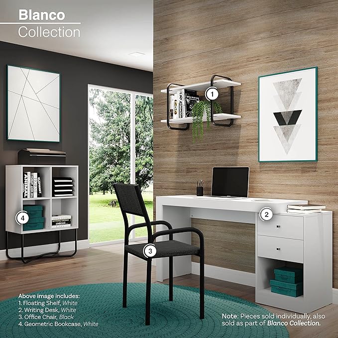 Expandable Desk with Storage Drawers & Open Shelf - Expands from 47 Inch to 57 Inch - White Computer Desk with Printer Space - Modern Home Office Table with Drawers - Techni Mobili Blanco Collection