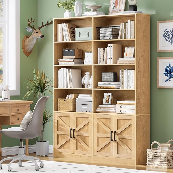 Modern Bookshelf and Bookcase with 4 Doors Set of 2, 71" Tall Double Book Shelf with Storage Cabinets, Floor Standing Open Display Shelves, 6 Tier Large Book Case for Home Office, Natural