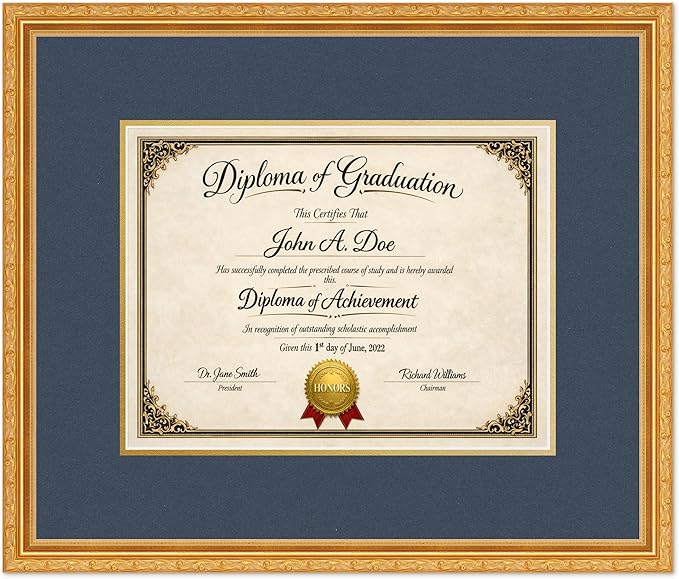 Diploma Frame Museum Gold with Navy Blue Over Gold Double Mat - Fits 13 x 10 College Diploma (Traditional) Wall Display Made in the USA