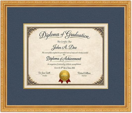 Diploma Frame Museum Gold with Navy Blue Over Gold Double Mat - Fits 13 x 10 College Diploma (Traditional) Wall Display Made in the USA