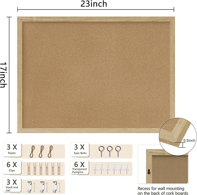 Cork Board Bulletin Board,23x17 Cork Board for Office with Pin Oak Wood Boards,Message Board or Vision Board Decoration.Board Wood 1Pack