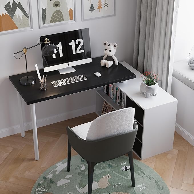 L Shape Small Desk - Computer Corner Desk with 3 Drawers and 2 Shelves, 53 inch Home Office Table with Storage Cabinet for Gaming Writing Study, White+Black