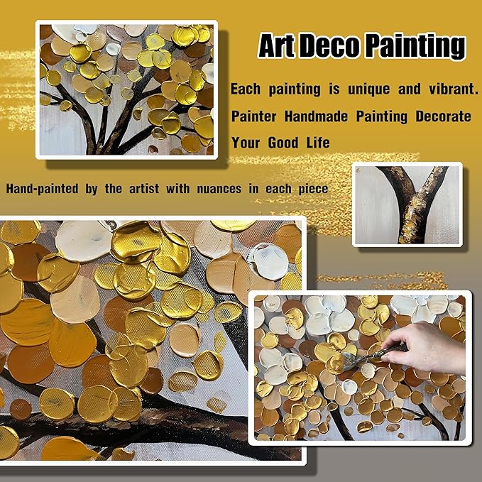 WDHCG Gold and White Tree Painting Wall Art For Living Room - Tree Of Life Wall Decor For Office - Extra Large Wall Art For bedroom Size 36 x 72 Inch