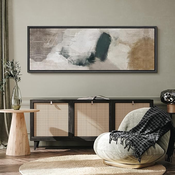 SIGNFORD Large Framed Canvas Neutral Abstract Brushstroke Illustrations Modern Art Calm Warm for Living Room, Bedroom, Office - 60"x20"