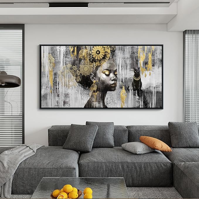 KLAKLA Large Black Wall Art - African American Black Girl Wall Art Colorful Black African Woman Black and Gold Canvas Picture Framed Wall Decor for Living Room Bedroom Home Decoration