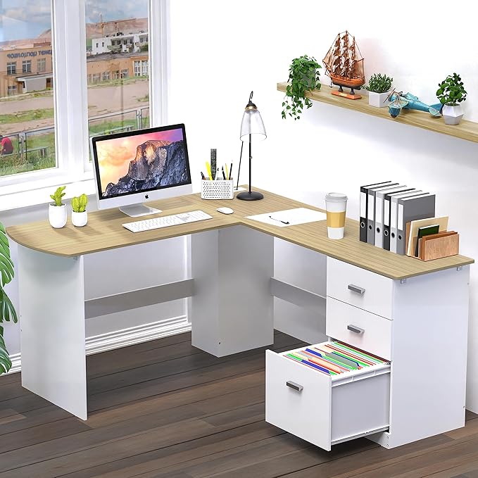 SHW 51 x 59 Inches L-Shaped Home Office Wood Corner Desk with Box Box File Drawers, Oak