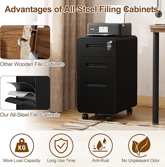 3 Drawers Slim File Cabinet, Mobile Filing Cabinet with Lock, Steel, Fully Assembled Except Casters, for Home Office, for A4, Letter, Legal File Folders, Black