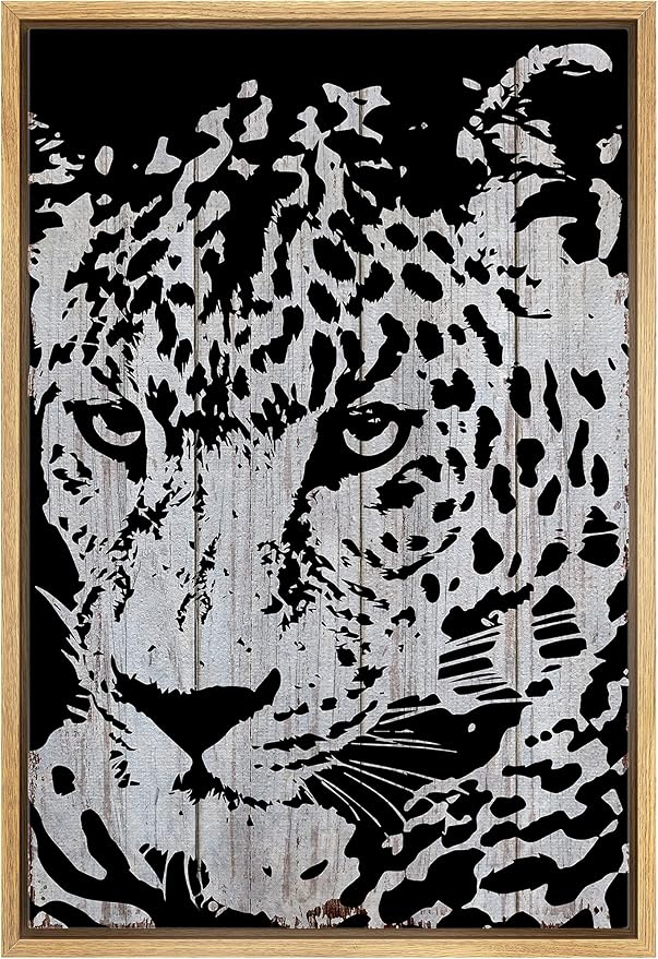 IDEA4WALL Framed Canvas Print Wall Art Grayscale Spotted Leopard on Grey Wood Panels Animals WildLife Illustrations Modern Art Tropical Portrait for Living Room, Bedroom, Office - 16"x24" NATURAL
