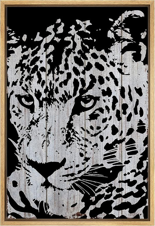 IDEA4WALL Framed Canvas Print Wall Art Grayscale Spotted Leopard on Grey Wood Panels Animals WildLife Illustrations Modern Art Tropical Portrait for Living Room, Bedroom, Office - 24"x36" NATURAL