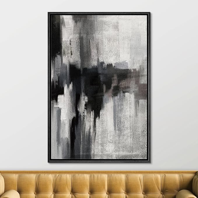 SIGNFORD Framed Canvas Print Wall Art Black Brushstrokes on Gray Background Abstract Shapes Illustrations Alternative Edgy Dark for Living Room, Bedroom, Office - 16"x24" Black