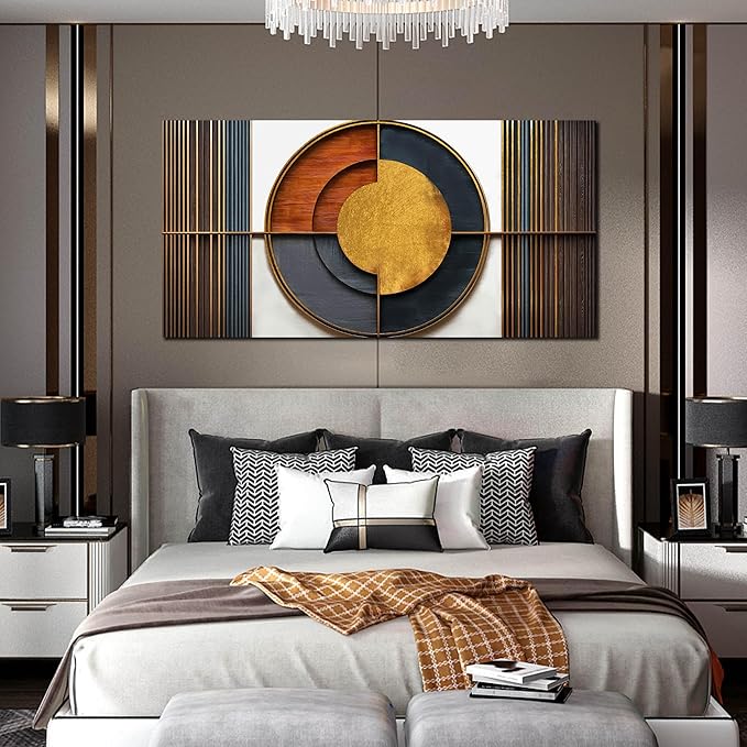 Large Canvas Wall Art for Living Room Bedroom Home Office Brown and White Wood Color Geometrical Picture Modern Canvas Prints Framed Wall Decor Size 29x59