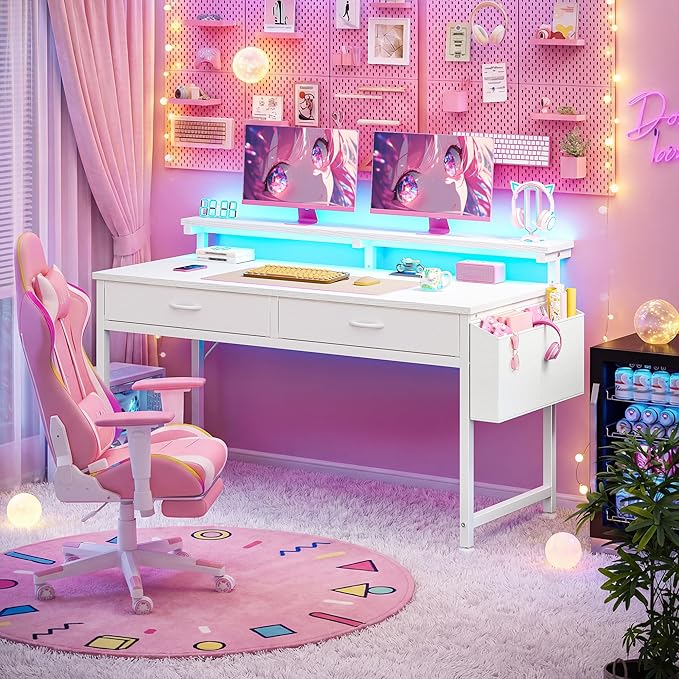 47.3Inch Computer Desk with 2 Drawers & LED Lights,Home Office Desks with Side Pocket,Gaming Desk Monitor Stand,Study Writing Table for Small Spaces,White