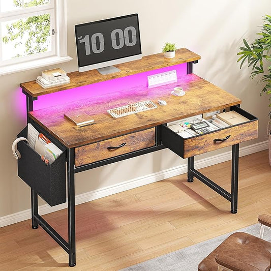Gaming Desk with LED Lights with 2 Drawers, 31.5 Inch Desk Home Office Desk Computer Desk with Side Pocket & Ergonomic Monitor Stand, Small Space Study Writing Table with Anti-Tip Design, Rustic Brown