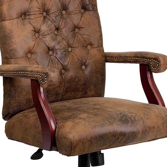 Flash Furniture Derrick Traditional Microfiber Tufted Swivel Office Chair with Wood Base, Ergonomic Farmhouse High-Back Desk Chair, Bomber Brown