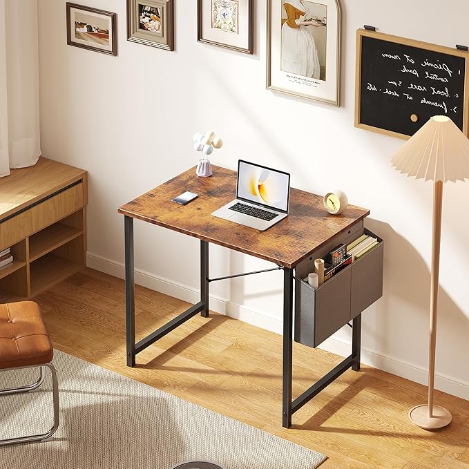 OLIXIS Computer Desk 31 Inch Home Office Desks for Small Spaces, Gaming Writing Study Work Table with Storage Bag for Bedroom, Rustic Brown