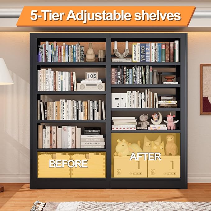 5-Tier Industrial Black Metal Bookshelf - Freestanding Tall Storage Organizer for Living Room & Home Office