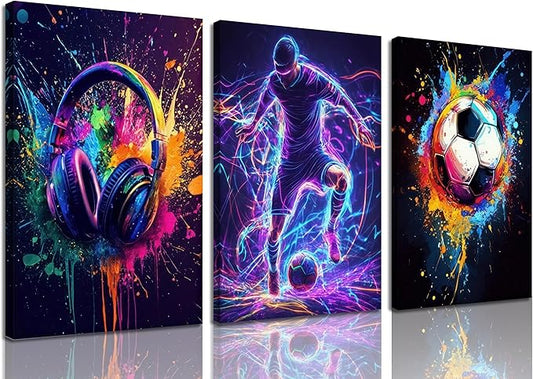 3PCS Soccer Canvas Wall Art Neon Color Splash wall decor pictures with Headphone and Soccer Design Posters Prints for Bedroom Game Room Living Room Boys Room Decor Framed (16inx24in canvas)
