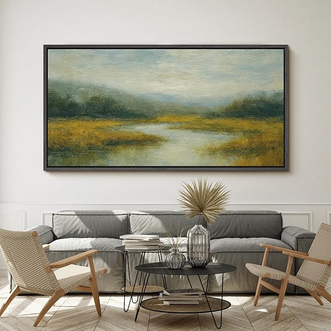 SIGNFORD Extra Large Framed Canvas Misty Meadow River Landscape Illustrations Modern Art Calm Warm for Living Room, Bedroom, Office - 60"x30"