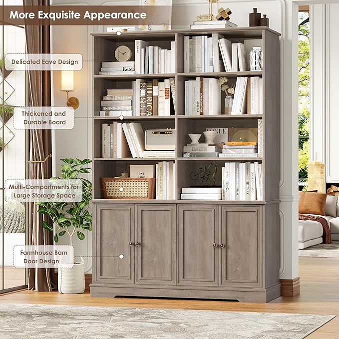 FINETONES 73" Tall Bookshelf with Doors, 6 Tier Large Bookshelf Double Wide Bookcases and Bookshelves with Storage, Large Display Cabinets for Home Office,Living Room, Library