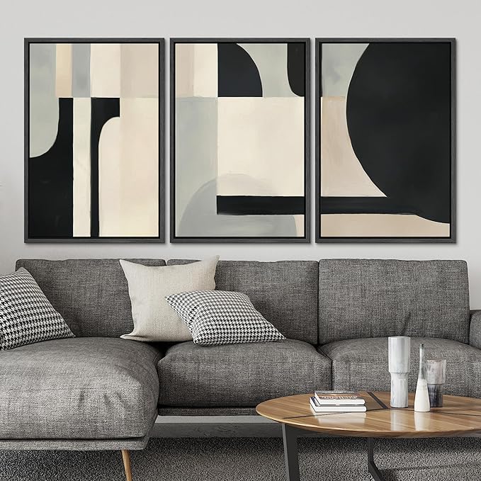 SIGNLEADER Framed Canvas Print Wall Art Set Geometric Composition Black White and Beige Abstract Illustrations Boho Decorative for Living Room, Bedroom, Office - 16"x24"x3 Black