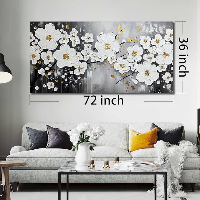 WDHCG Flower Hand Painted Wall Art For Office Women - Large Modern Art Wall Decor For Living Room - White Huge Canvas Wall Art For Bedroom Size 36 x 72 Inch
