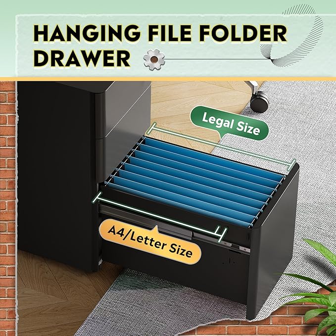 DEVAISE 3-Drawer Slim File Cabinet, Small Mobile Filing Cainet with Lock for Home Office, Fits Letter/Legal/A4 Size, 11.8 x 17.7 x 23.2 Inches (Pre-Assembled, Black)