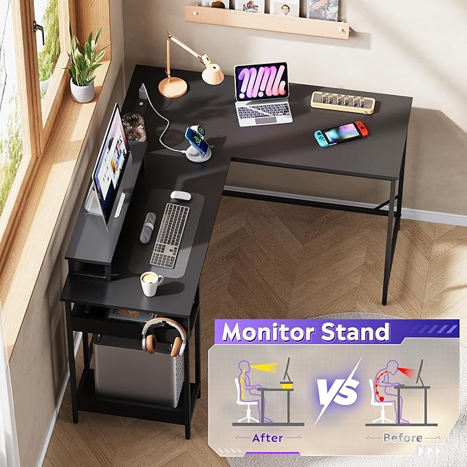 DEVAISE 55 Inch L Shaped Gaming Desk with LED Lights & Power Outlets, Corner Desk for Small Spaces, Sturdy PC Computer Table with Storage for Home Office, Black