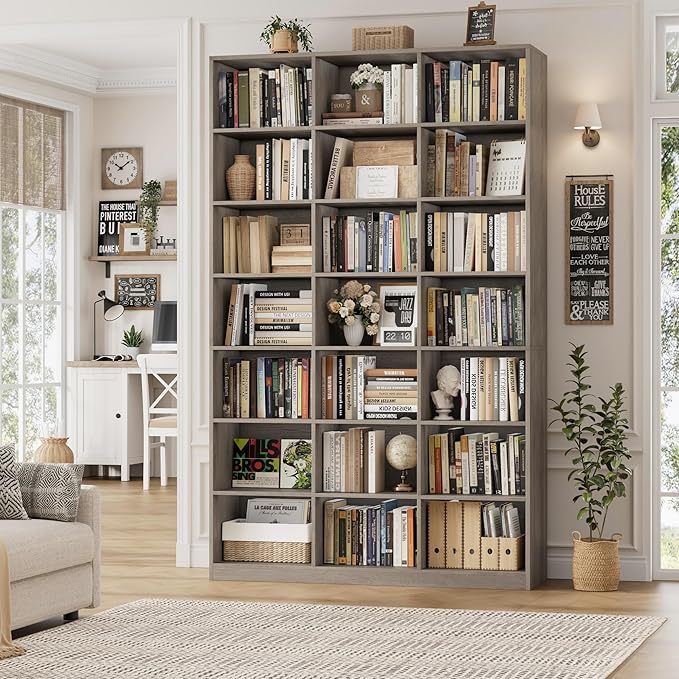 HOSTACK 86"H Triple Wide Bookshelf and Bookcase, 7 Tier Tall Bookshelf with Storage, Large Bookcase with 21 Open Display Storage Shelves, Wood Book Shelf Media CD DVD Storage for Living Room, Ash Gray