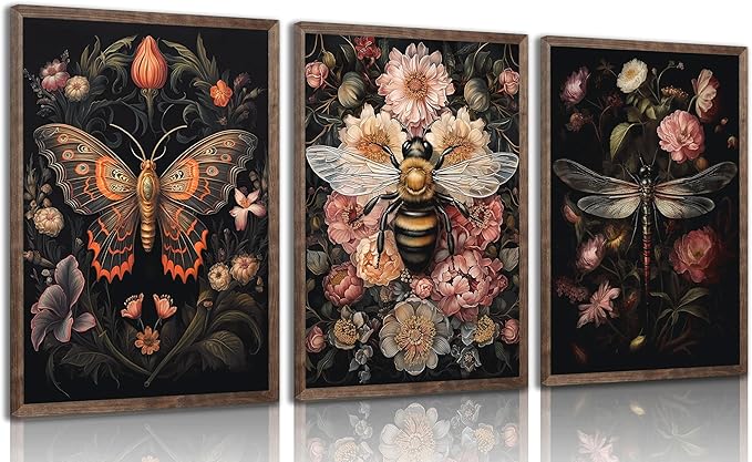 3pcs Dark Floral Wall Art Vintage Butterfly Dragonfly Bee Painting Picturts Wall Decor Gothic Dark Academia Aesthetic Posters Print Artwork for Bedroom Living Room Home Decoration 12x16in Unframed