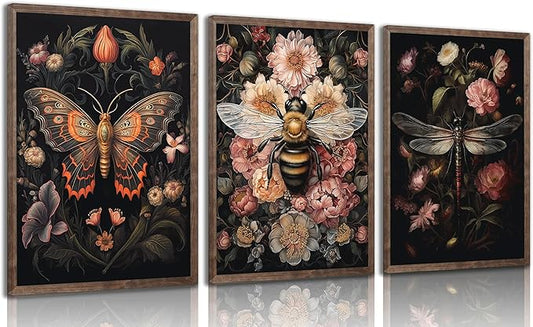 3pcs Dark Floral Wall Art Vintage Butterfly Dragonfly Bee Painting Picturts Wall Decor Gothic Dark Academia Aesthetic Posters Print Artwork for Bedroom Living Room Home Decoration 12x16in Unframed