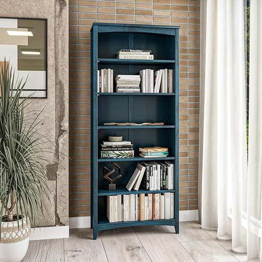 Camaflexi Shaker Style 6 Shelf Bookcase/Solid Wood / 72" High/Adjustable Shelving/Closed Back/Display Bookshelf for Living Room, Bedroom, Home and Office, Deep Ocean Blue