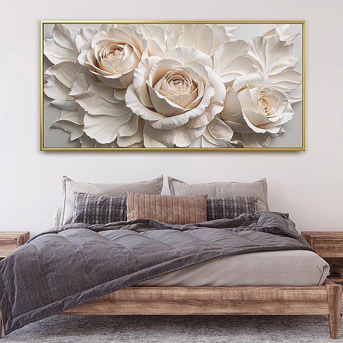 QSQ Large Gold Framed Wall Art For Living Room Home Wall Decor Modern Canvas Art Wall Decor 29 X 58 Inches White Flower Wall Art Elegant Picture For Bedroom Hotel Office Artwork