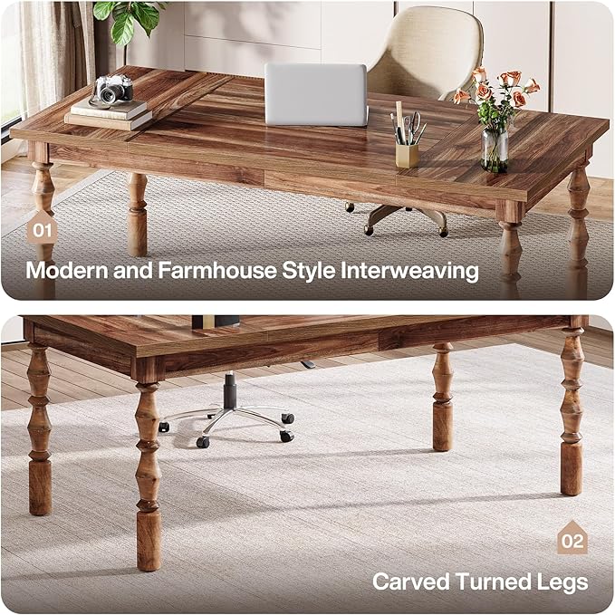 Tribesigns Large Executive Office Desk, 62.2-Inch Farmhouse Modern Computer Desk, Mid Century Study Writing Table Workstations Business Office Furniture with Carved Turned Legs (Walnut)