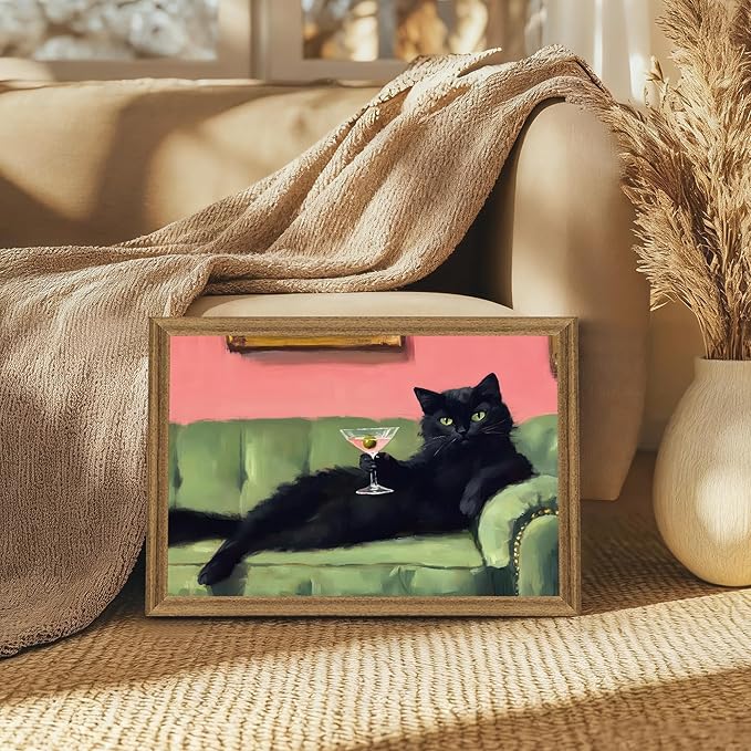 Fantasy Artists Humorous Black Cat Character Wall Art – Relaxed Anthropomorphic Illustration with Playful Attitude, Framed Canvas for Living Room, Office or Creative Space, 16W X 24H