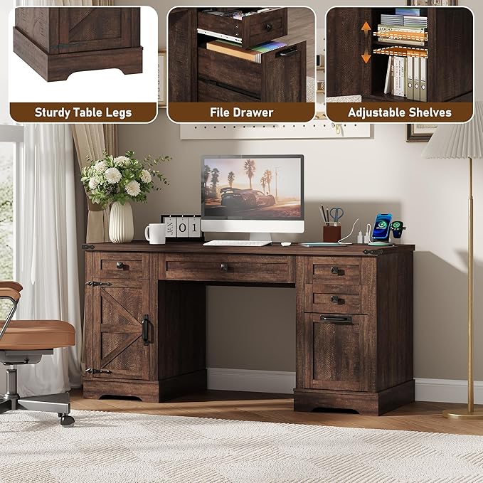 58'' Farmhouse Home Office Desk with Drawers, Wooden Executive Desk with Charging Station, File Drawers and Storage Cabinet, Computer Desk for Work, Study and Writing, Brown