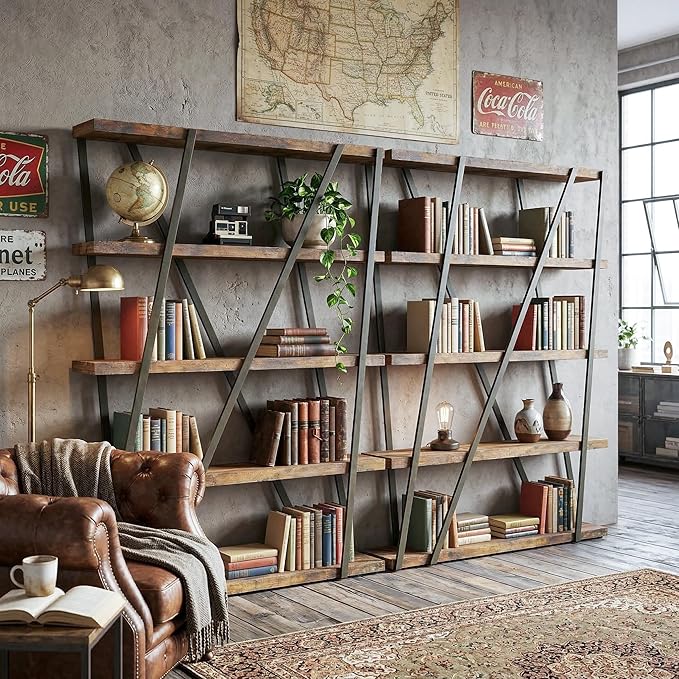 FUSUNBAO Unique 5-Tier Wooden and Metal Frame Bookshelf,Vintage Industrial Modern Style Tall Bookcase,67 "H x 12 "W x 47" L,Rustic Large Wooden Shelf,Display Shelf for Home Office,Retro Brown