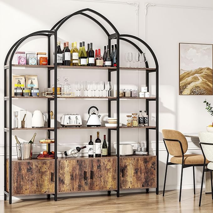 Semoic Arched Bookshelf and Bookcase with 3 Cabinets, Triple Wide 5 Tier Standing Book Shelf, Storage Display Rack Shelves, Industrial Open Bookshelf, Etagere Bookcase, Brown+Black