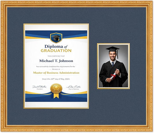 Diploma Frame With Photo Opening Museum Gold Navy Blue Over Gold Mat - Fits 10 x 13 Degree and Picture Made in the USA