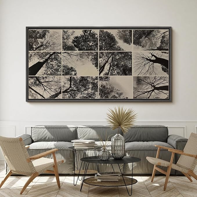 SIGNFORD Extra Large Framed Canvas Print Wall Art Black and White Forest Canopy Grid Collage Illustrations Modern Art Calm Warm for Living Room, Bedroom, Office - 60"x30"