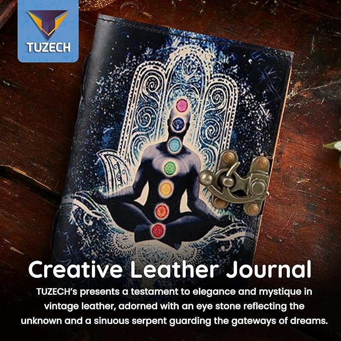 TUZECH Book of Spells Leather Bound Journal Deckle Edge Paper Grimoire Printed Diary Third Eye witchcraft supply and Witch Spell Notebook Antique Vintage Book for Men & Women (7 Spiritual Meditation)
