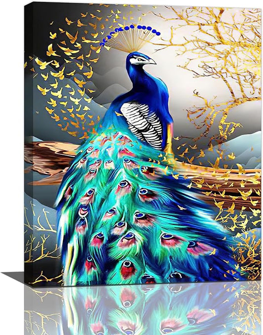 yerretin Peacock Wall Art Peacock Golden Tree Pictures Wall Decor Bird Canvas Painting Modern Decoration Artwork for Bathroom Living Room Bedroom Office Framed 16"x20"