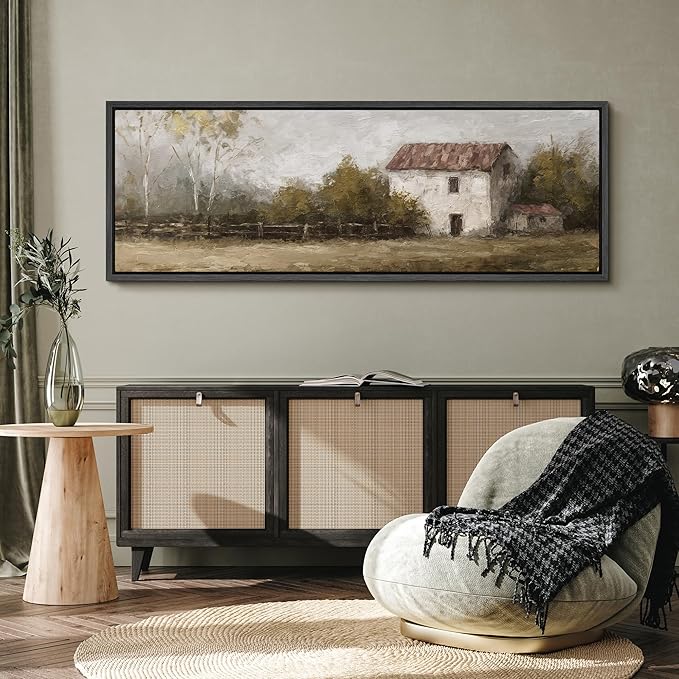 SIGNFORD Large Framed Canvas Rustic Countryside House Landscape Illustrations Modern Art Calm Warm for Living Room, Bedroom, Office - 60"x20"