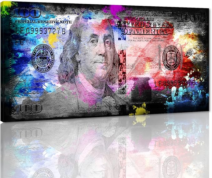 Inspirational Canvas Wall Art 100 Dollars Bill ArtWork Canvas Print Office Decor Money Pop Art Entrepreneur Motivational 100 Bill Cash Posters Pictures for Home Decor Framed ready to Hang - 32"Wx16"H