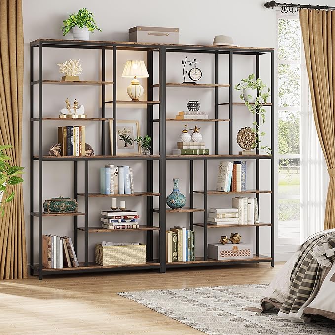 Tribesigns 79-Inch Tall Staggered Bookshelf, Industrial Bookcase with 8 Open Shelves, Wood and Metal Etagere Display Shelf for Living Room, Home and Office