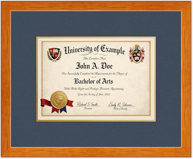 CountryArtHouse Diploma Frame Fits 11.69 x 8.27 A4 Certificate - Keepsake Graduation Display Honey Oak Genuine Hardwood with Navy Blue Over Metallic Gold Double mat
