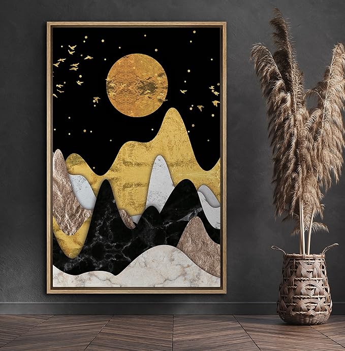 SIGNFORD Framed Canvas Print Wall Art Golden Moon with Birds Above Wavy Mountains Abstract Wilderness Illustrations Modern Art Contemporary Scenic for Living Room, Bedroom, Office - 24"x36" Natural