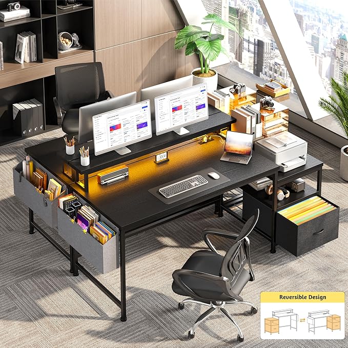 Gaming Desk with Monitor Stand,Computer Desk with LED Lights &Power Outlets,Office Desk with Drawers & Printer Shelf,Writing Table with Side Storage Bag,57" W x 20" D x 36" H,Black Desk